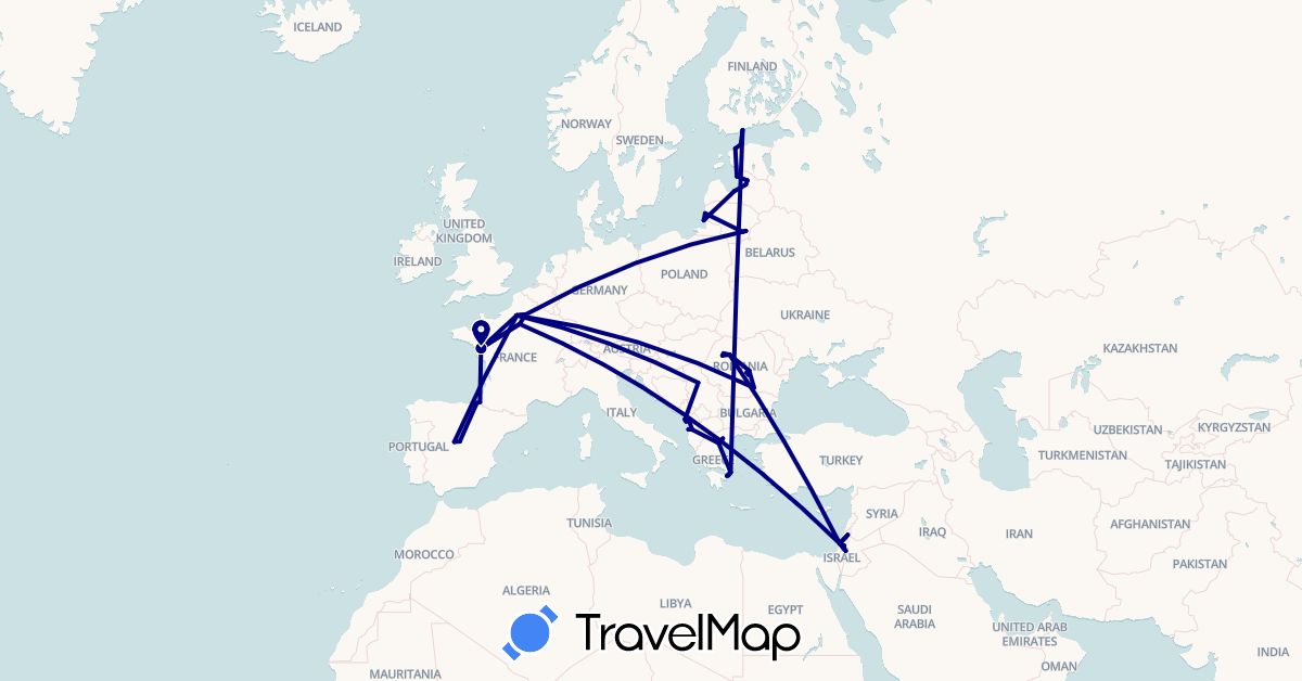 TravelMap itinerary: driving in Albania, Estonia, Spain, Finland, France, Greece, Israel, Lithuania, Latvia, Montenegro, Romania, Serbia (Asia, Europe)